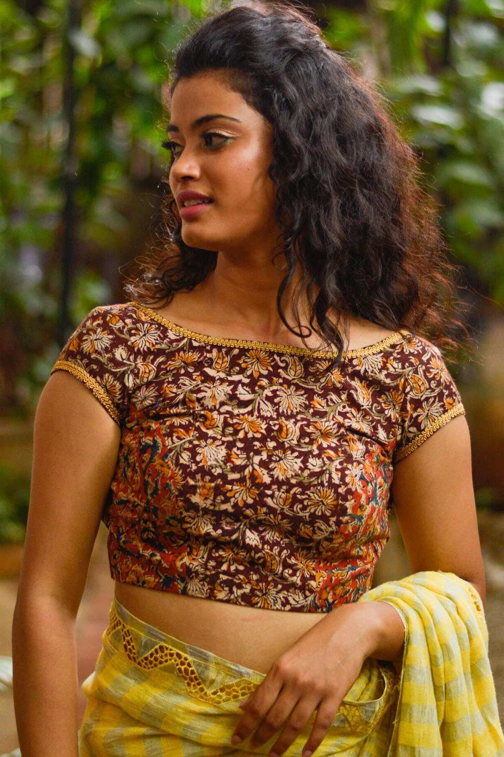 Maroon and Brown cotton kalamkari close neck blouse with gold border