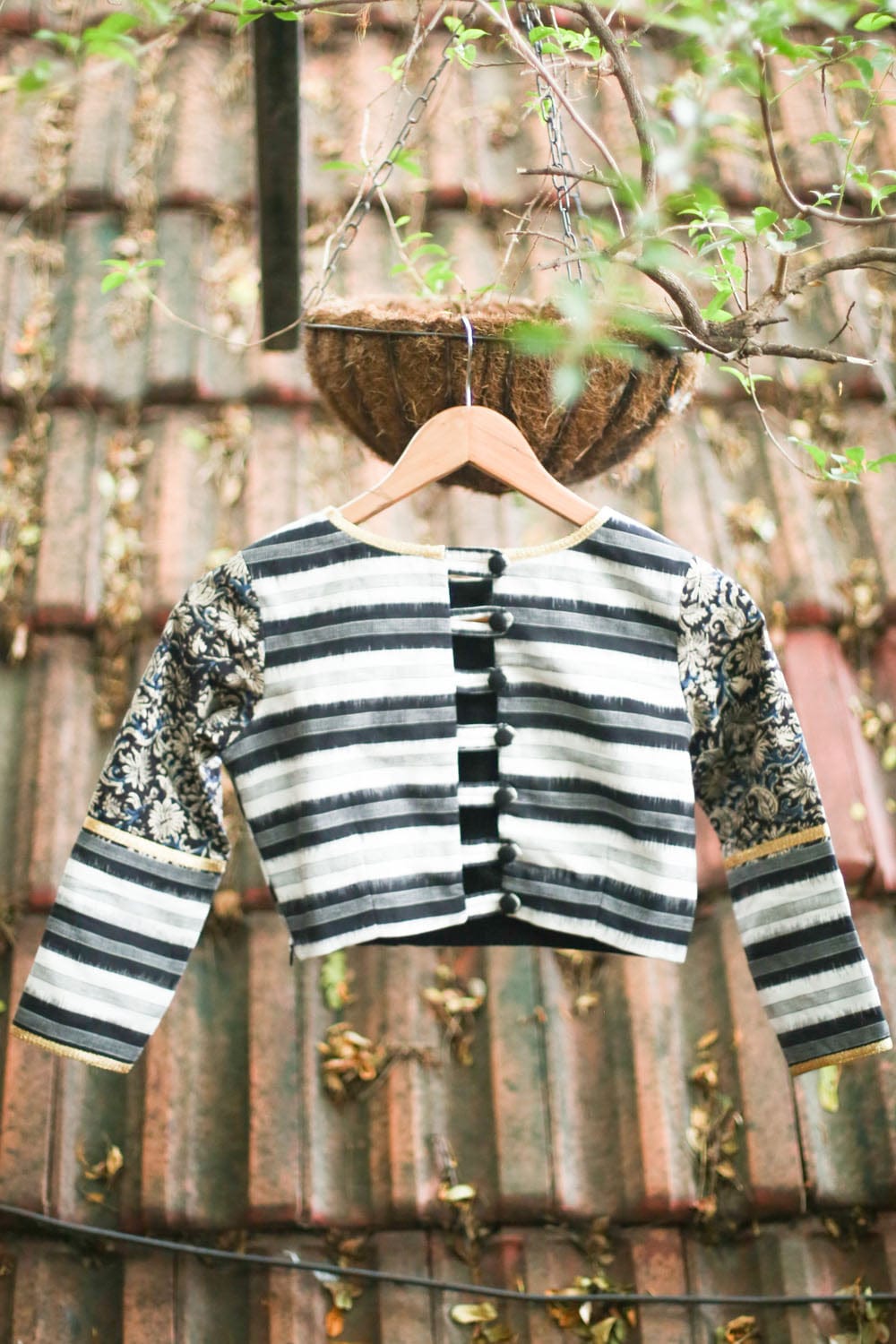 Black and white striped Ikat cotton Hi neck blouse