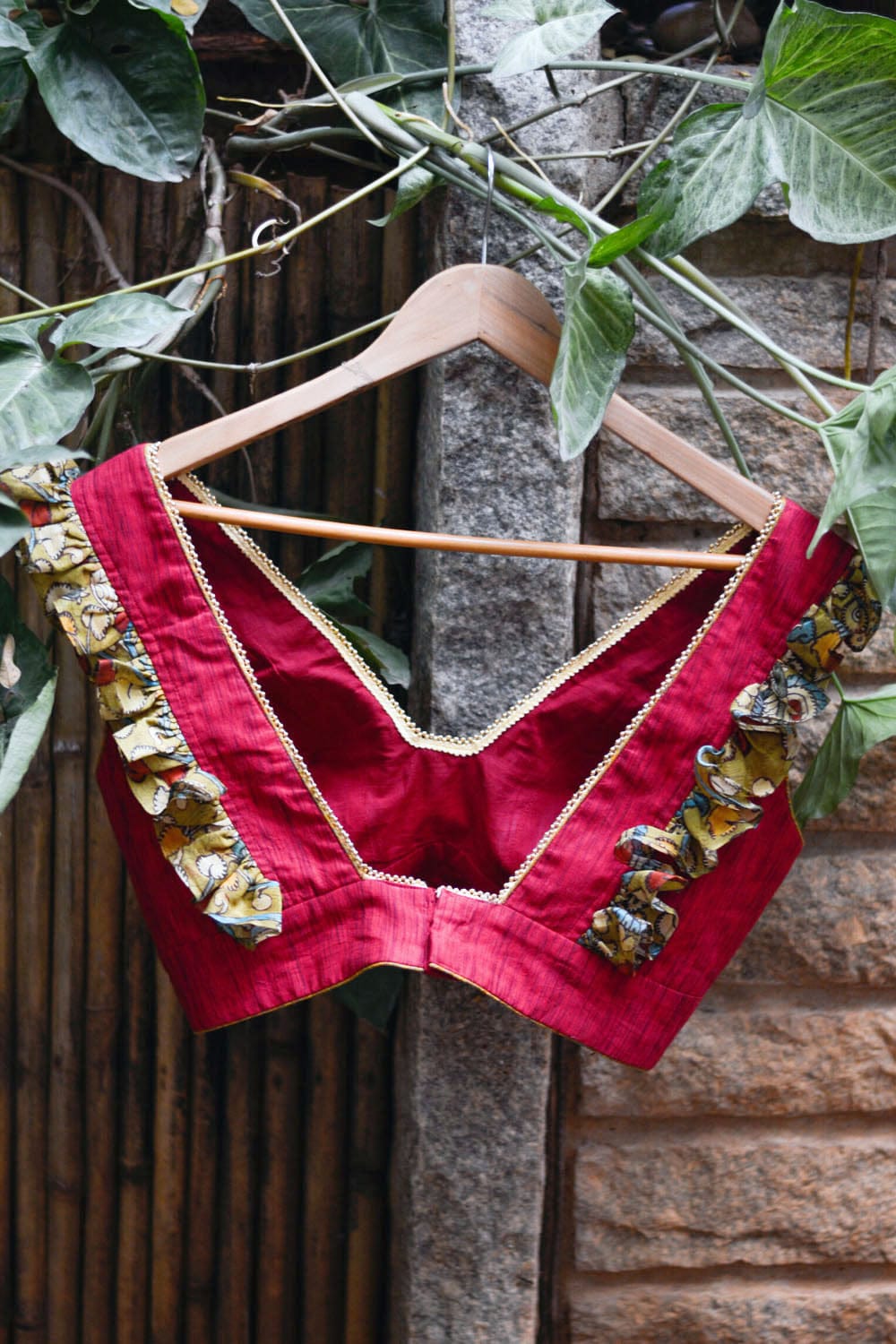 Ruby pink handloom cotton and mustard floral kalamkari frill V neck blouse