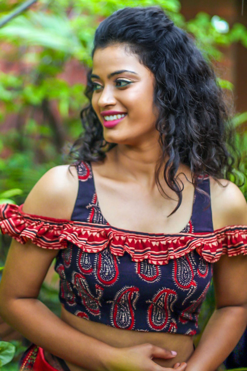 Black and maroon block printed cold shoulder blouse