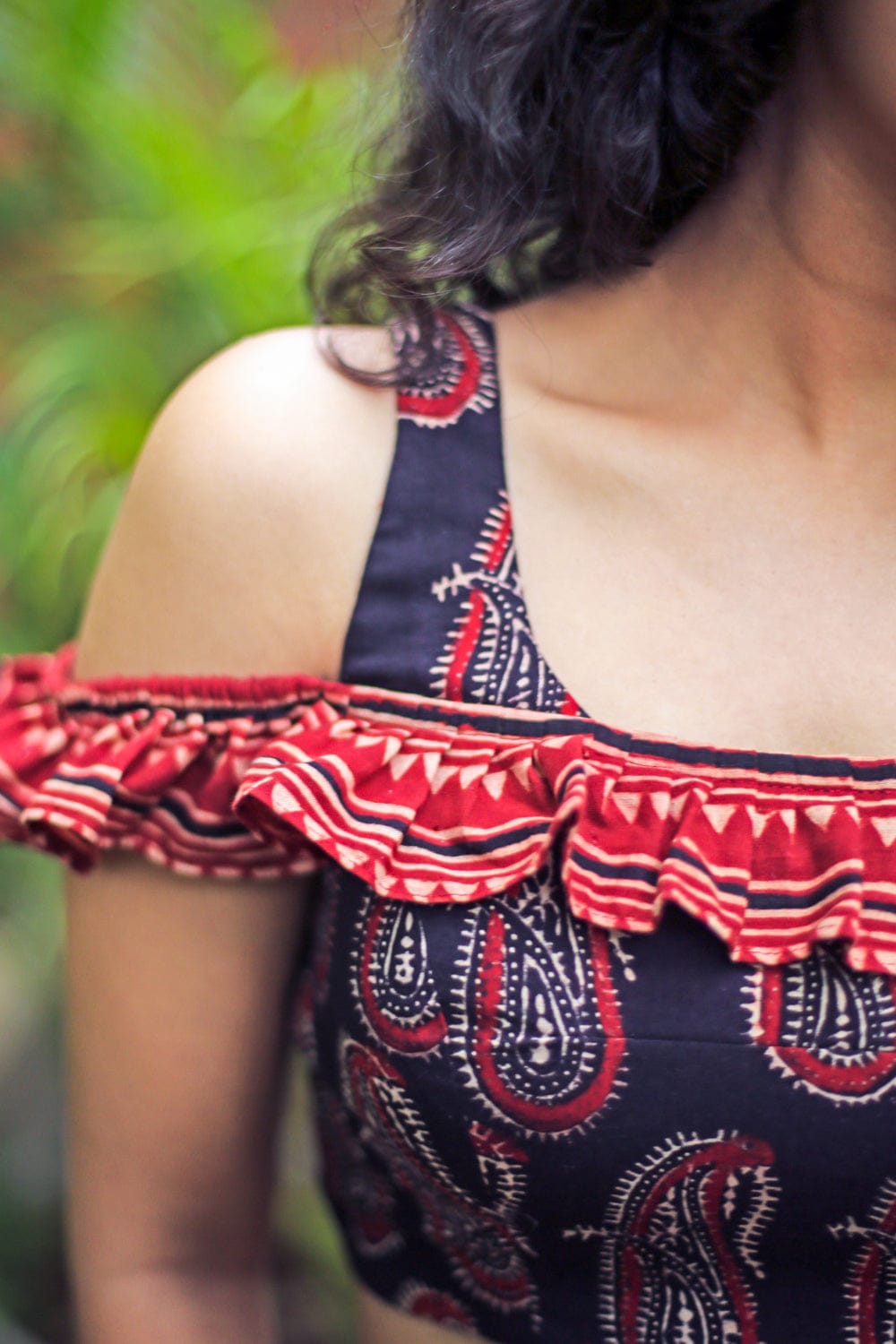 Black and maroon block printed cold shoulder blouse