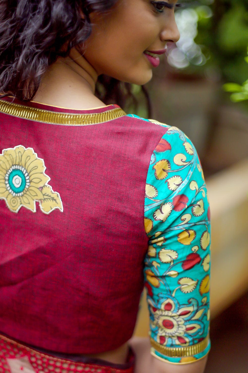 Green soft chanderi kalamkari and maroon handloom cotton angarkha blouse with gota border