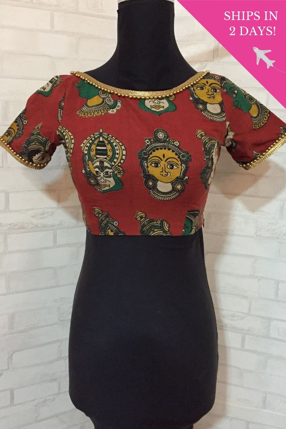 Maroon Kalamkari cotton sheer back blouse; Size: 34