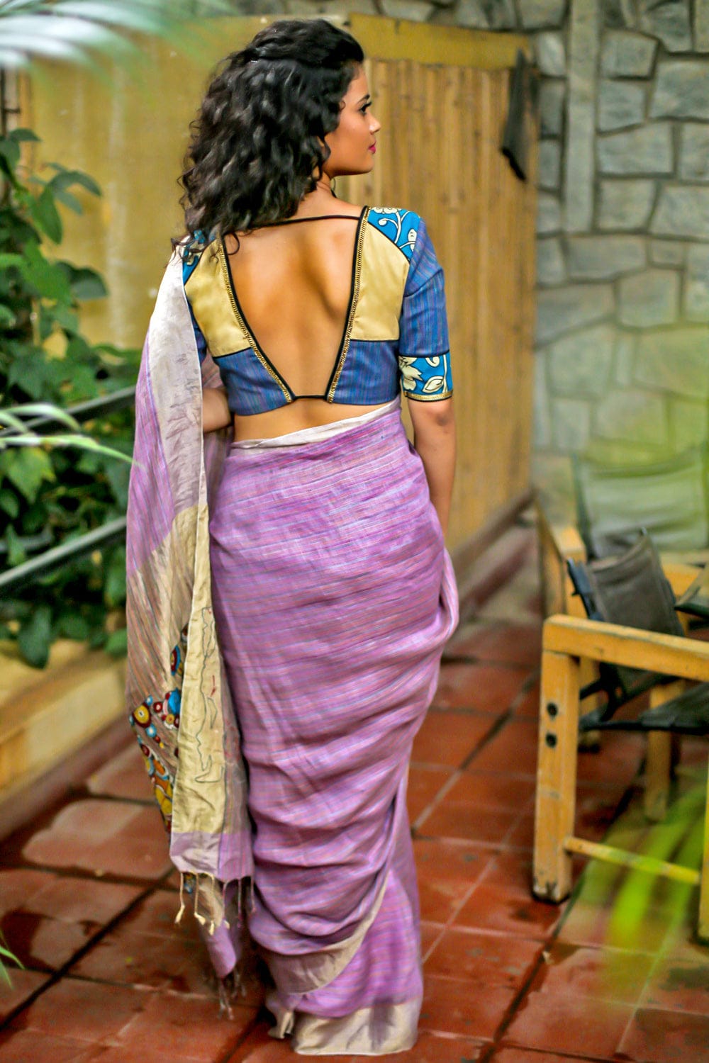 Purple handwoven linen saree with gold border and kalamkari applique on pallu