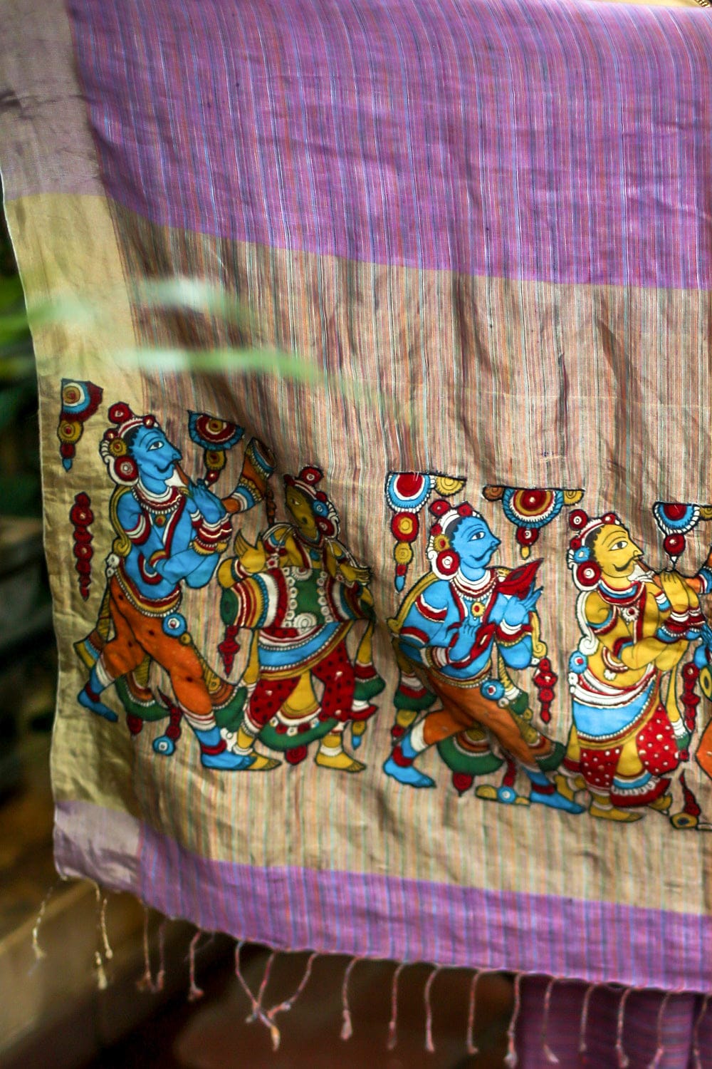 Purple handwoven linen saree with gold border and kalamkari applique on pallu