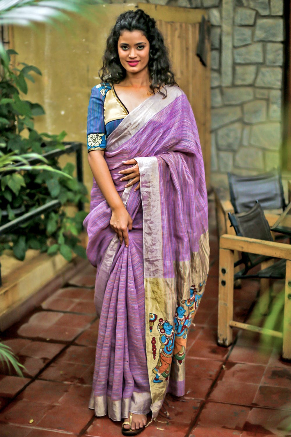 Purple handwoven linen saree with gold border and kalamkari applique on pallu