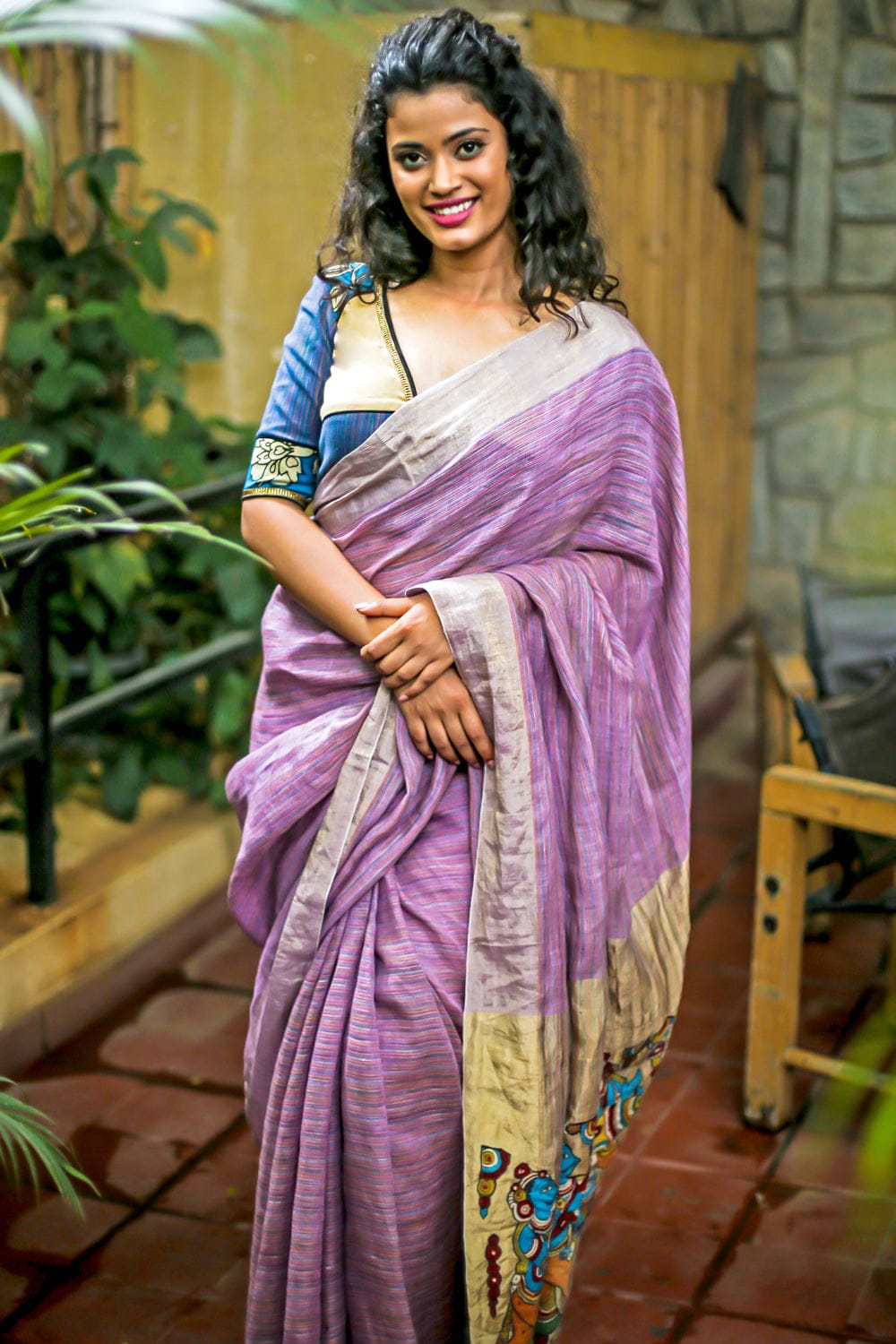 Purple handwoven linen saree with gold border and kalamkari applique on pallu