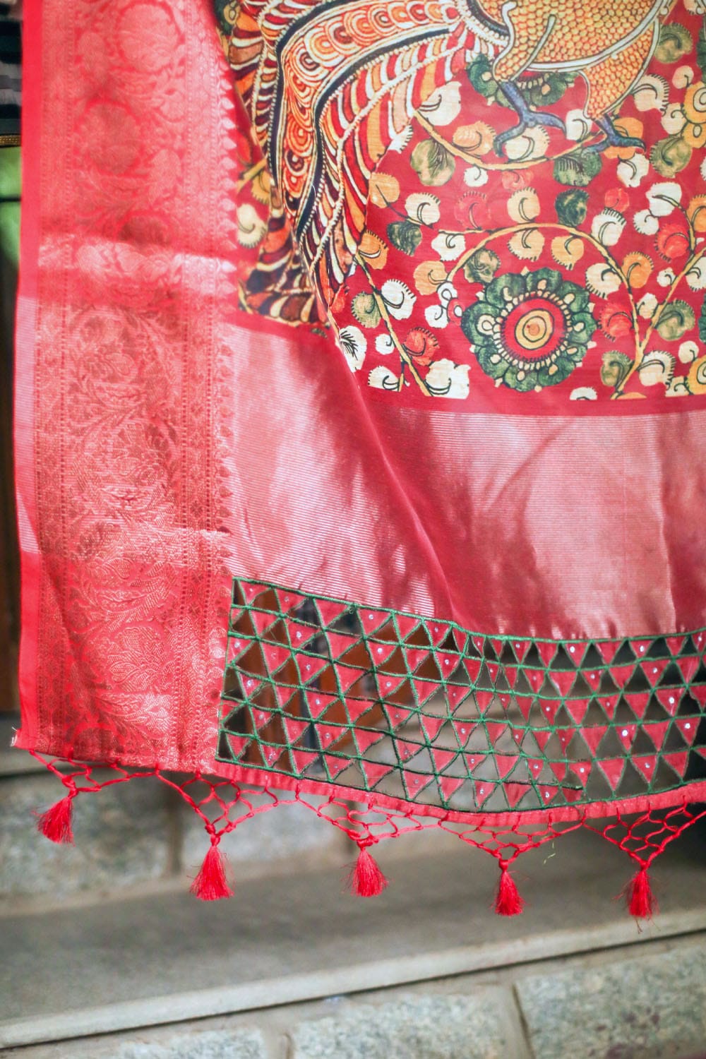 Maroon maheshwari silk kalamkari saree with cutwork pallu and brocade border