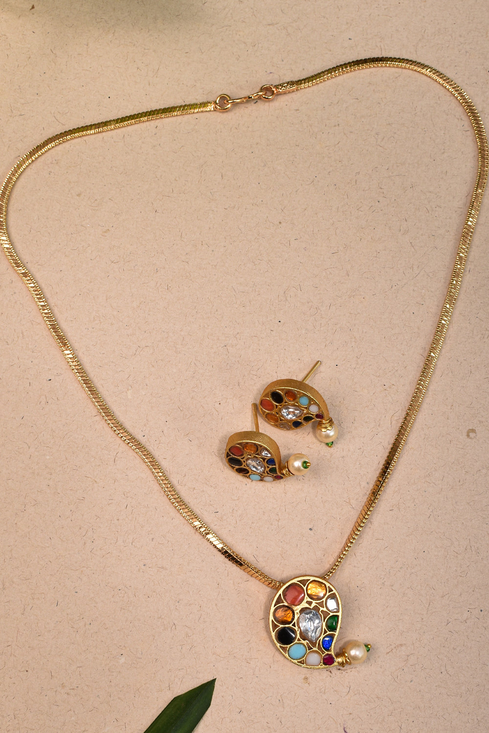 Navaratna Mango Design Pendent, Chain and earrings set
