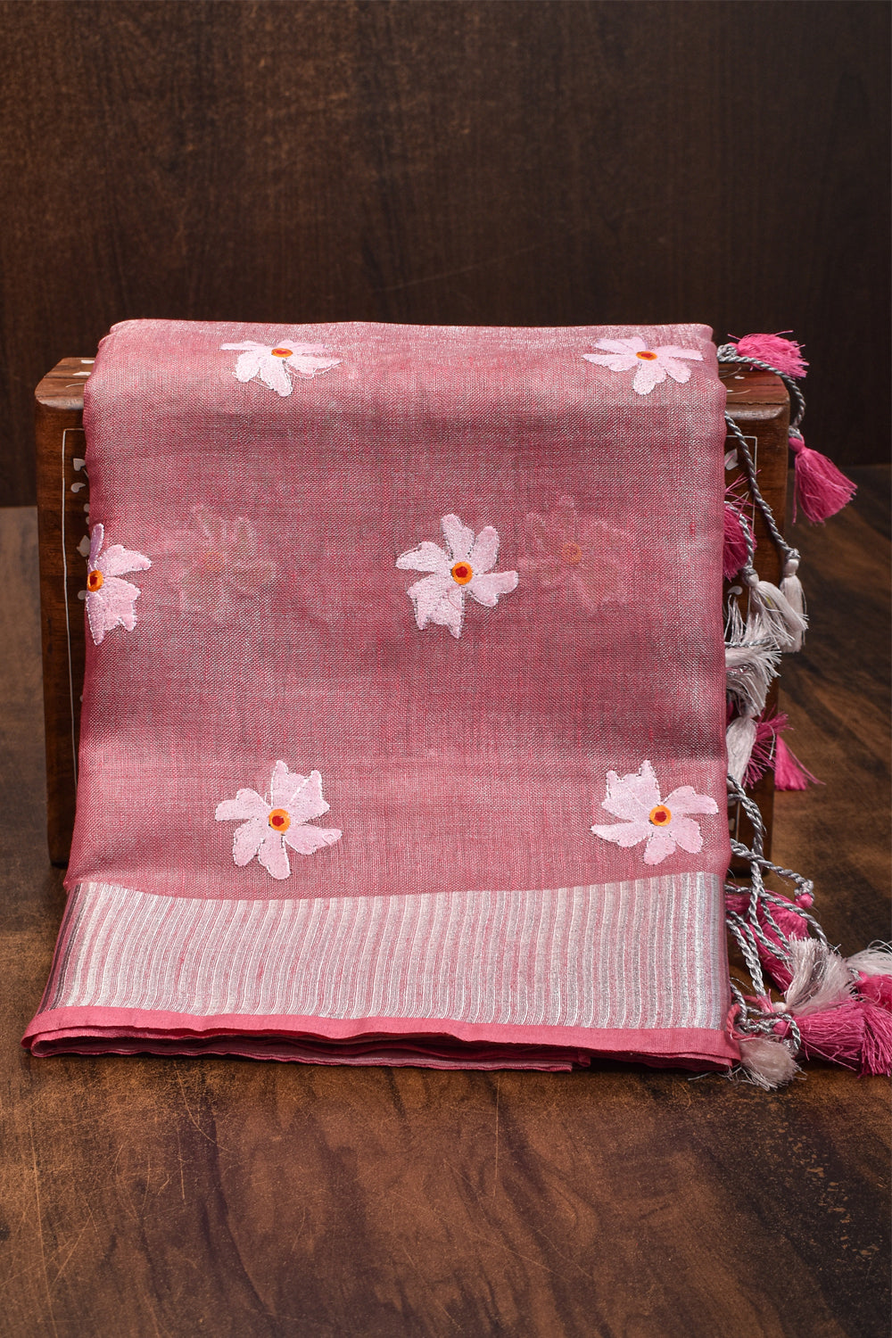 PREORDER: Parijaat Flower Embroidery Tissue Linen Saree