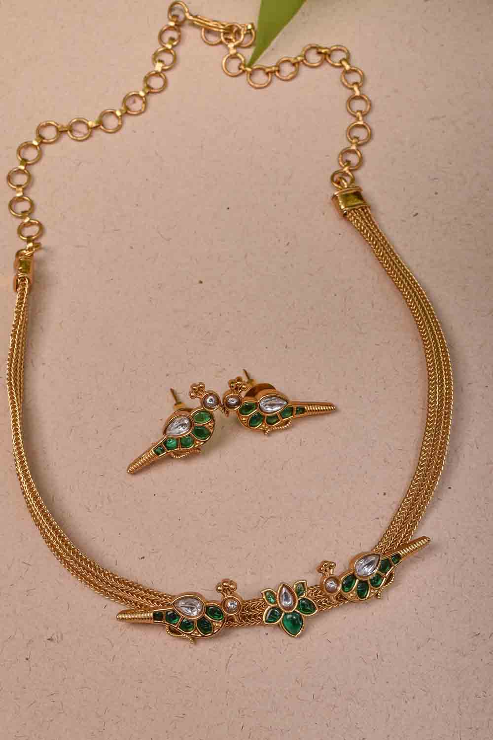 Jadau Peacock and Lotus Minimalistic necklace set