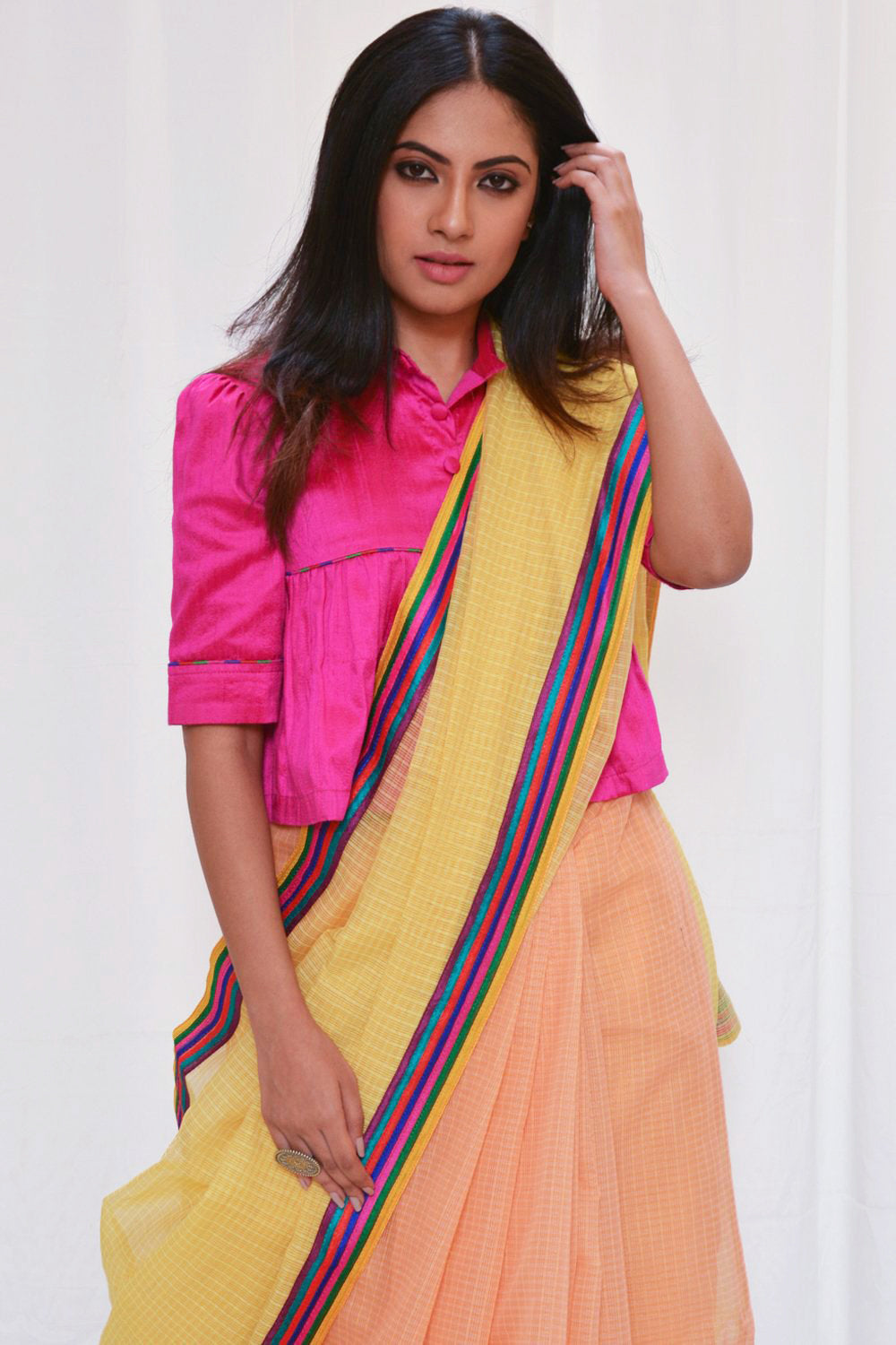 Yellow and orange half and half Kota doria saree with multicolour border - House of Blouse