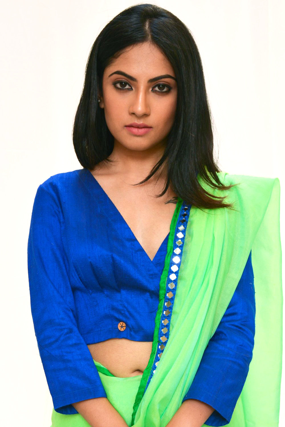 Royal blue raw silk crossover top - House of Blouse