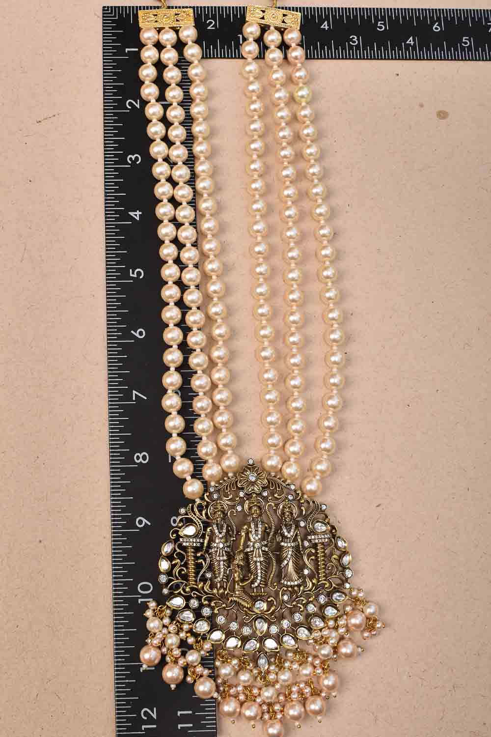 Ram Darbar - 3" Prominent Antique Gold Tone Embellished Pearls Haar and Matching earrings Set