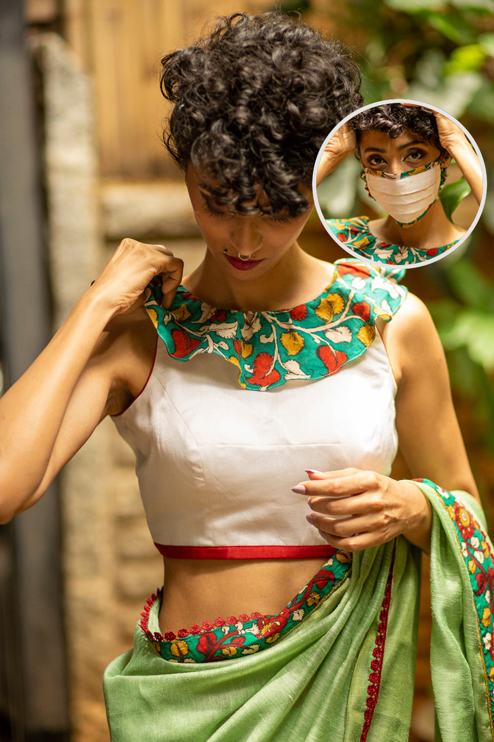 White chanderi sleeveless blouse with kalamkari ruffle detailing + face mask - House of Blouse