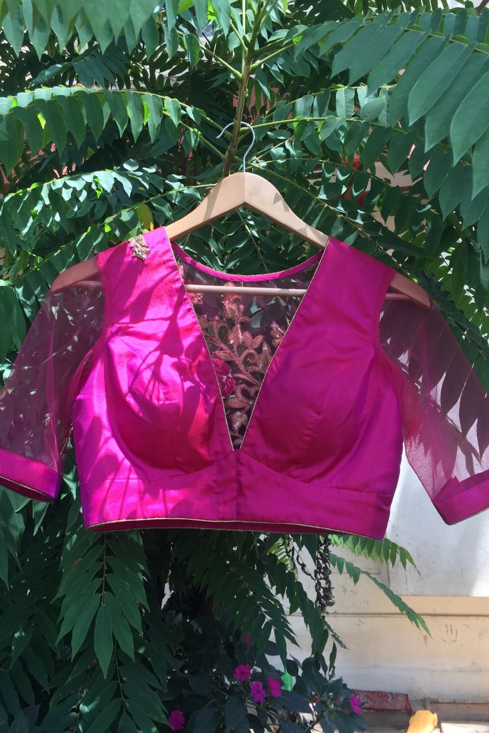 Fuchsia pink silk V neck blouse with applique. - House of Blouse