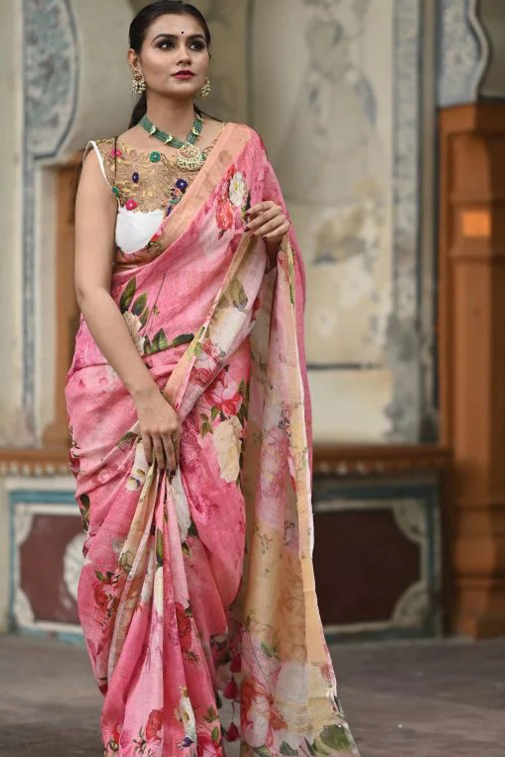 Pink Pure Linen Saree with Floral Digital Print