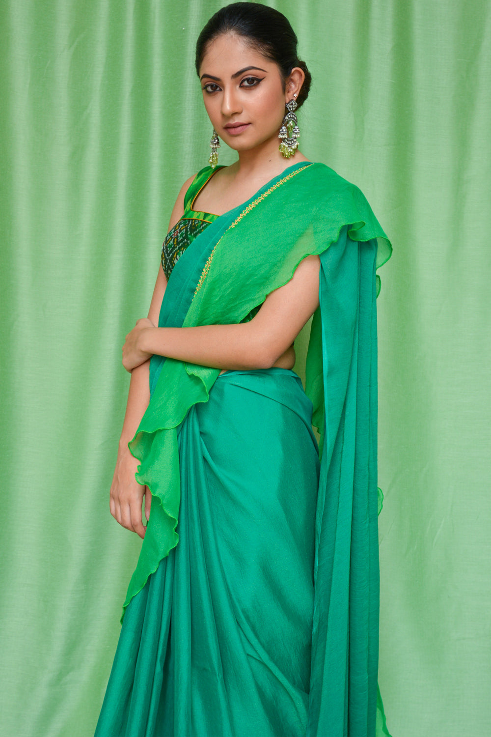 Green shimmer georgette ruffle saree with green-gold border - House of Blouse