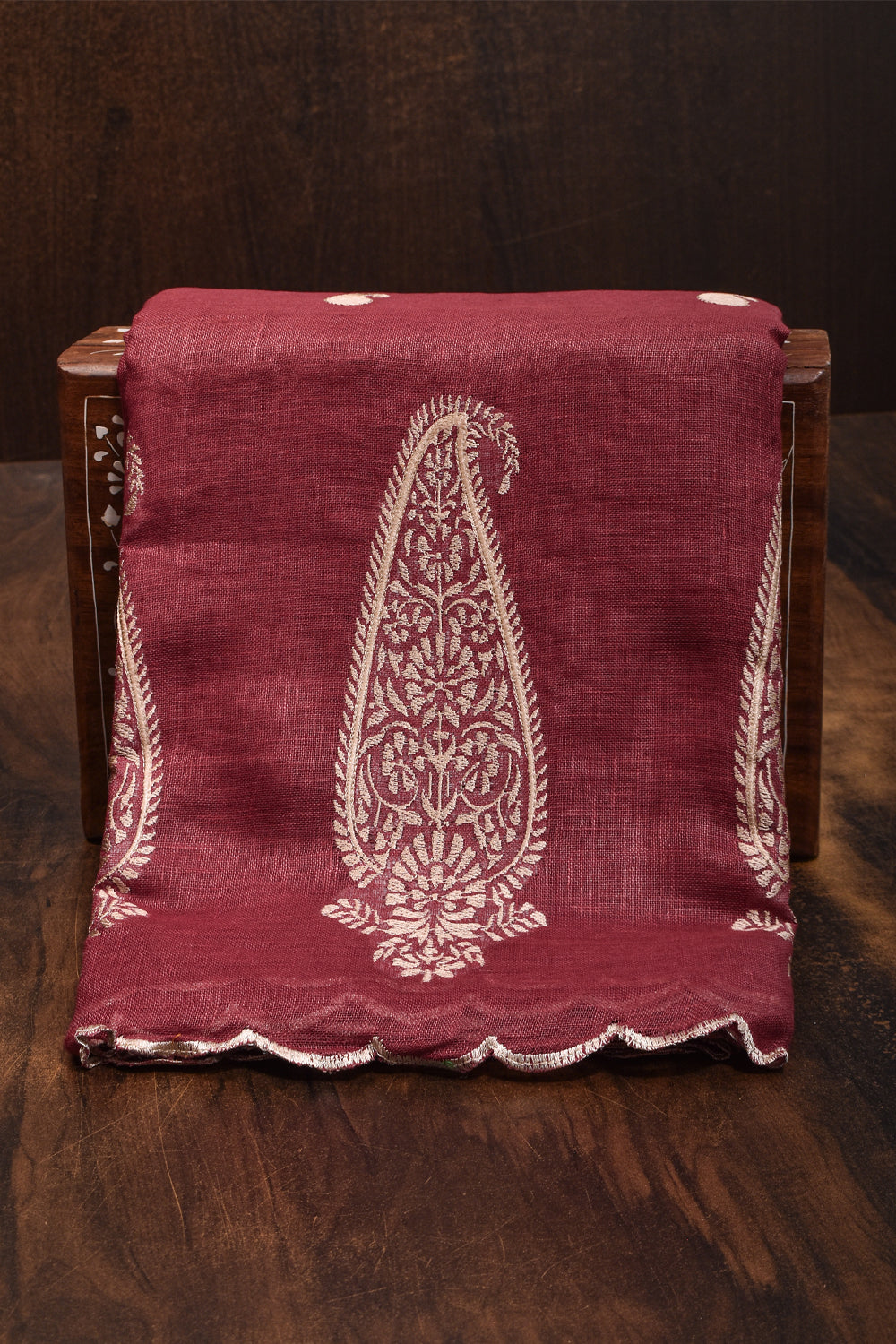 Elongated Paisley Motif Embroidery and scalloped Borders on Pure Linen