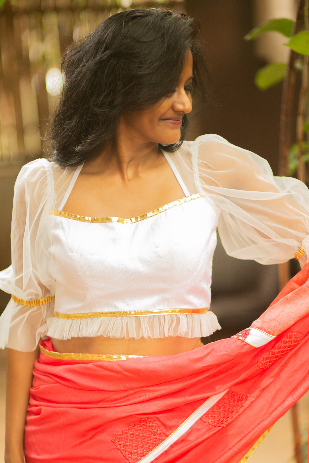 White net puff sleeved raw silk blouse with gota detailing and ruffles - House of Blouse