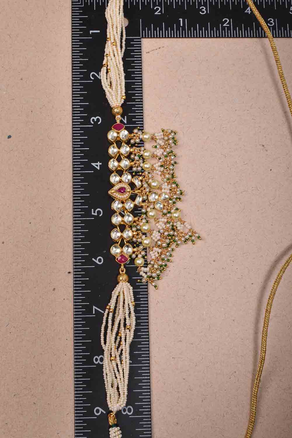 Ahmedabadi kundan multistrand necklace set with dangling pearl clusters