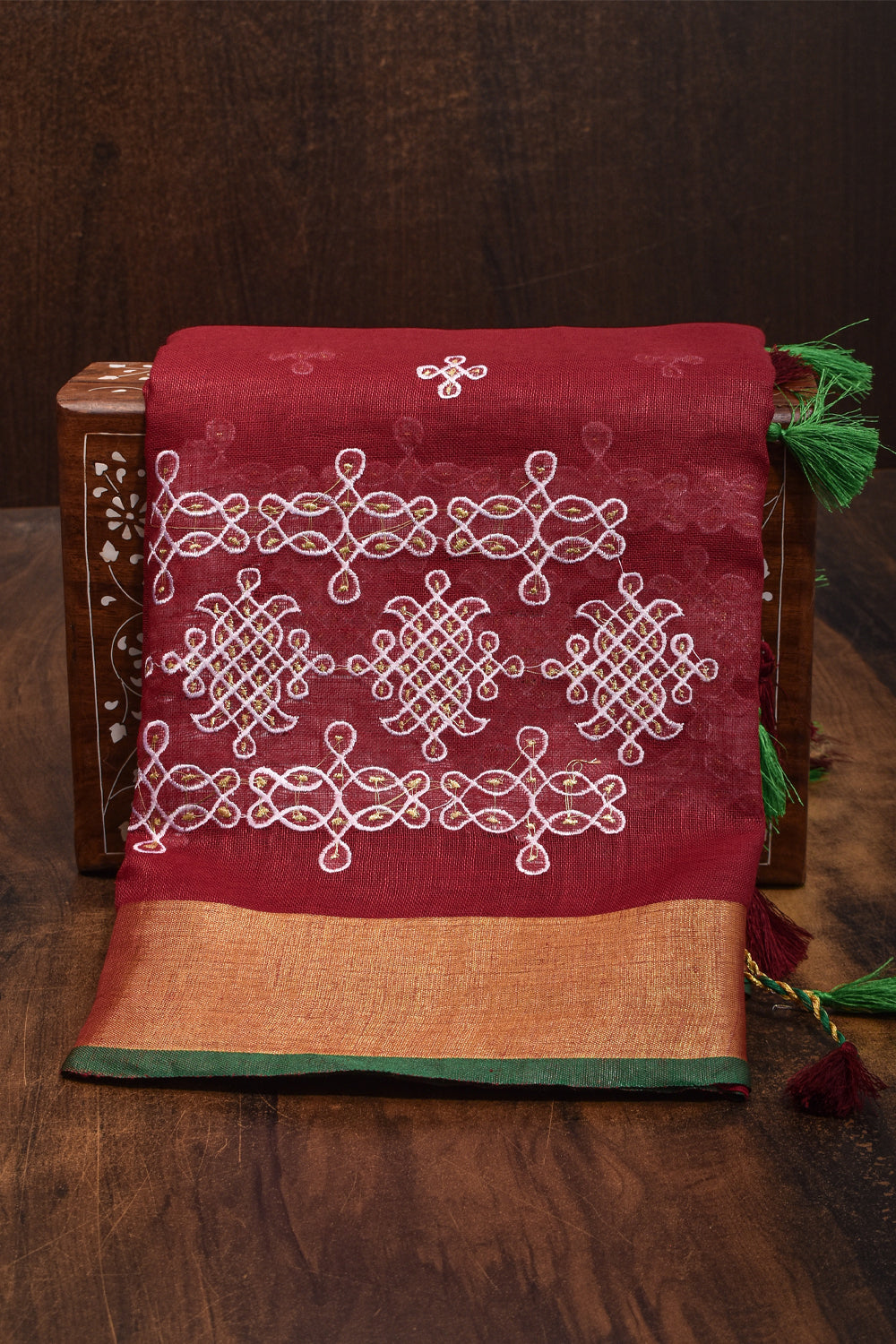 Red Rangoli Embroidered Border on Pure Linen