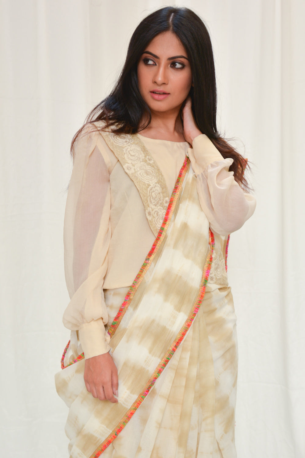 Cream and brown shibori shaded mul cotton saree with multicolour frill edging - House of Blouse