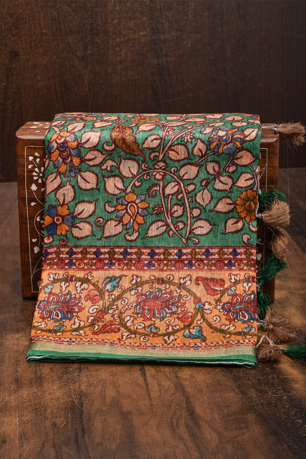 Distressed Kalamkari Digital Print on Silk Linen in Teal