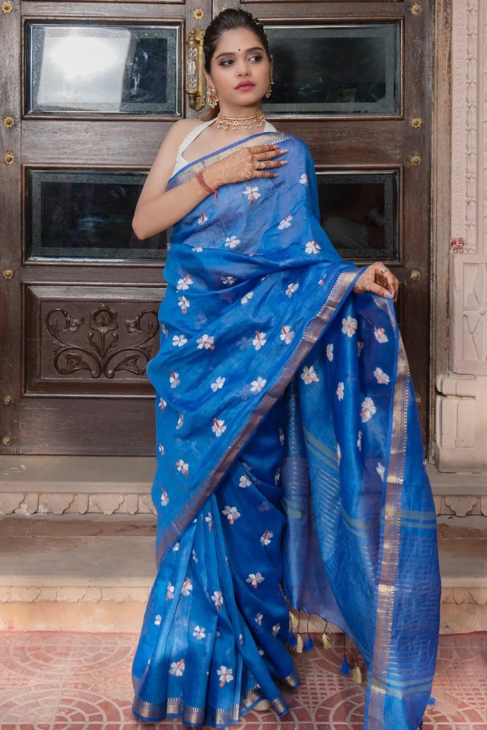 Parijaat Blue Silk Linen Saree with Embroidery