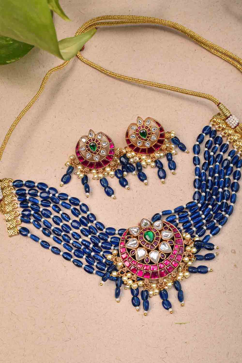 Choker Set with Midnight Blue Multistrand beads and Kundan Pendant