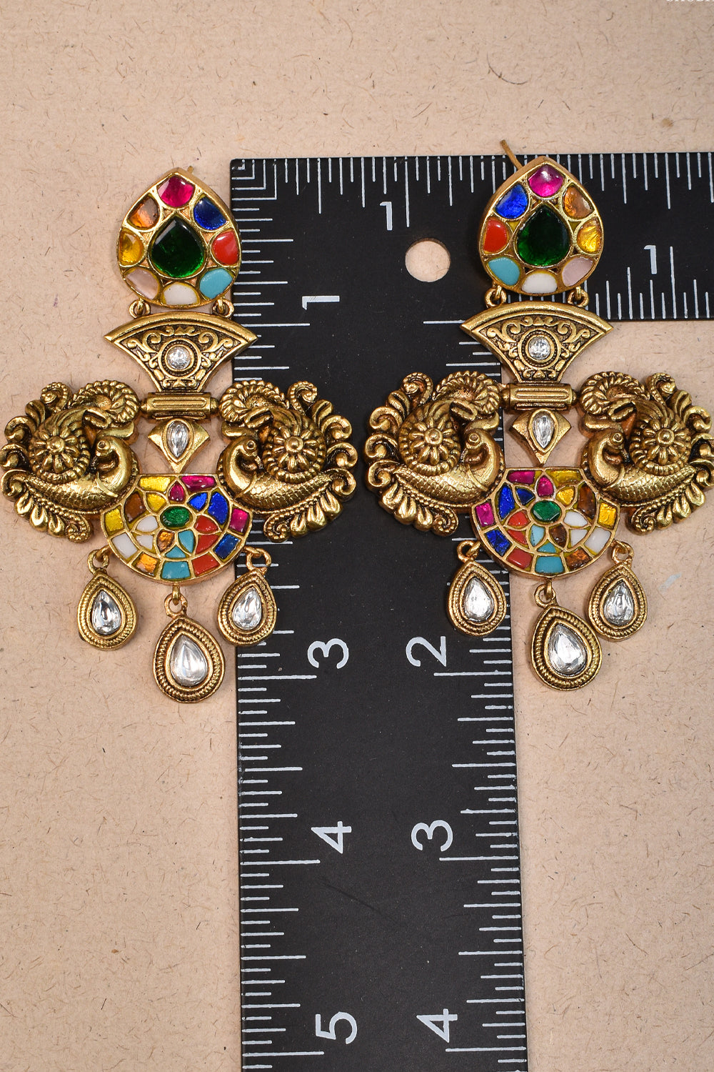 3" Navaratna design Antique Gold Tone Dangling Earrings