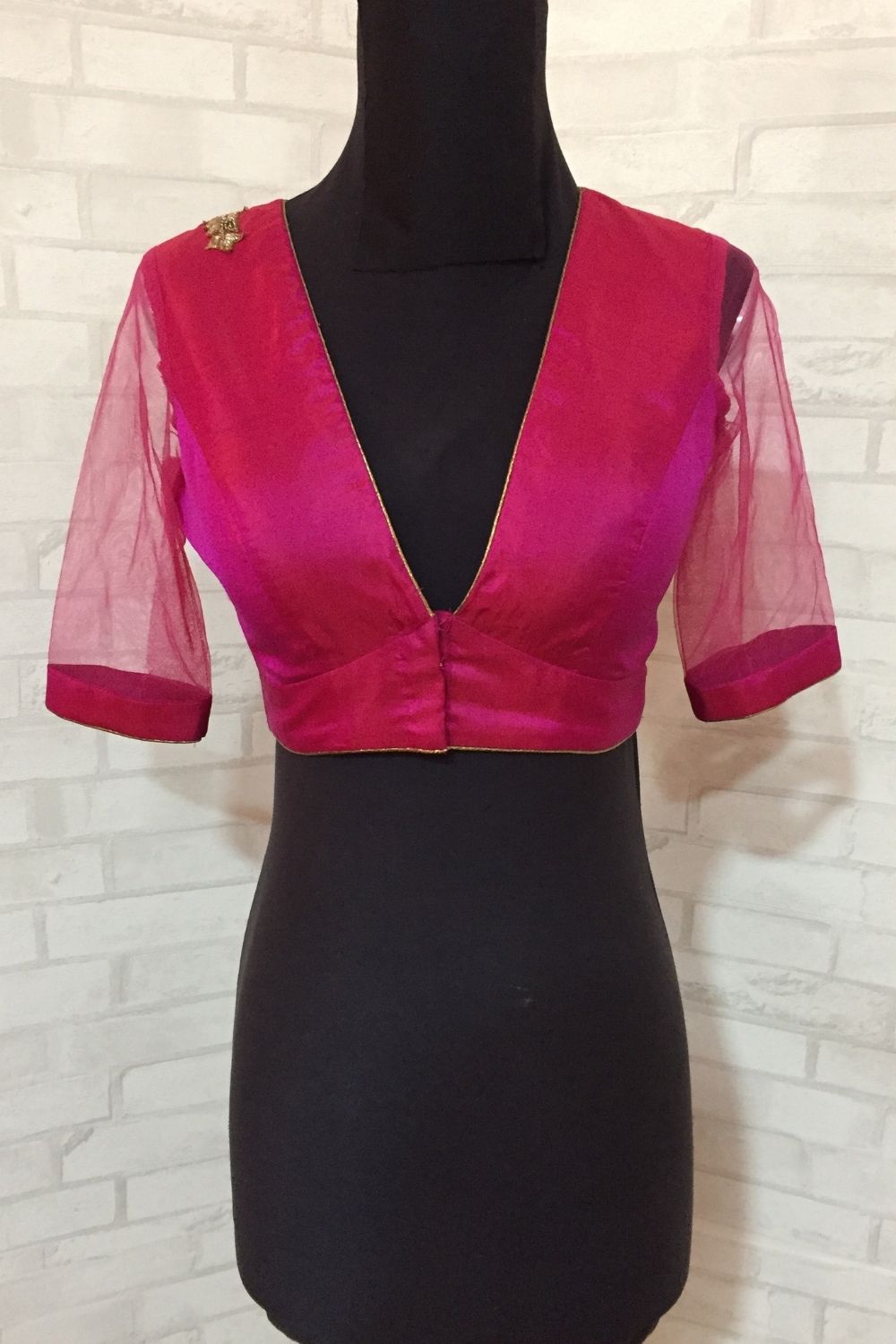 Fuchsia pink silk V neck blouse with applique. - House of Blouse