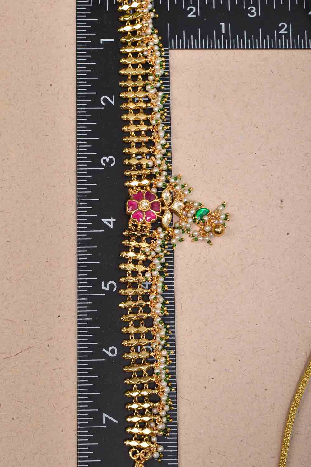 Microplated Gold Tone Flexible Design Necklace Set with Floral Jadau center and dangling beads