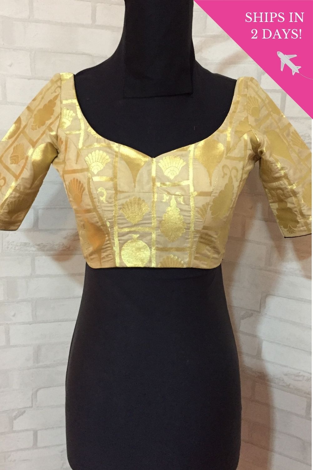 Cream and gold brocade sweetheart neck blouse : Size - 34