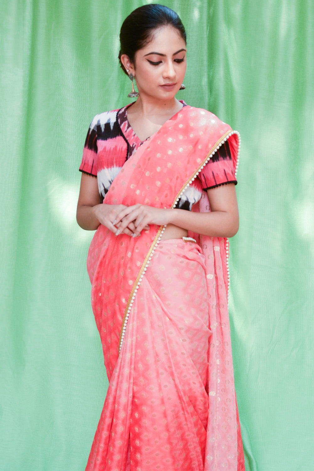 Pink ombre shaded shimmer georgette saree with zari buttis and pearl edging - House of Blouse