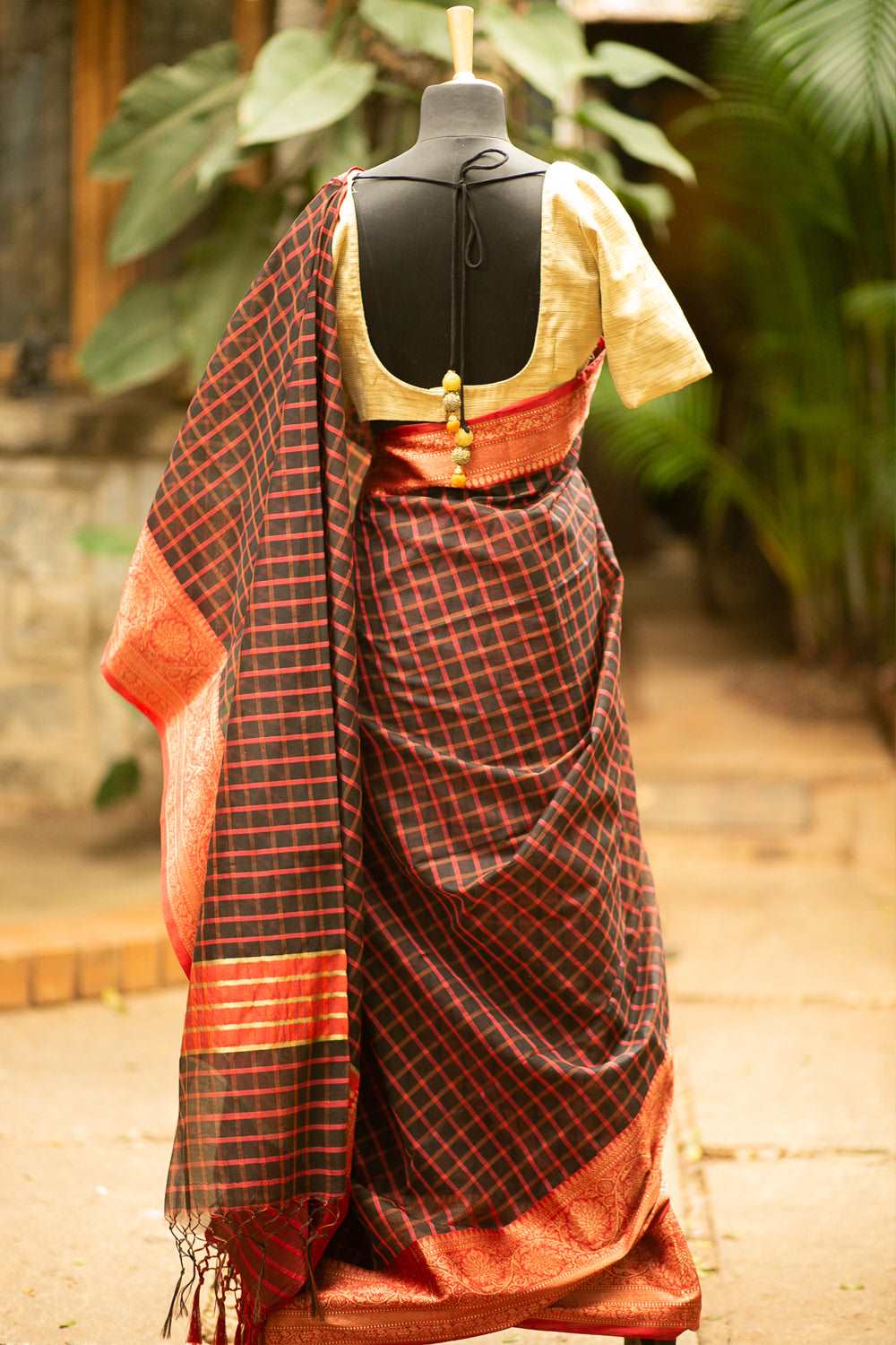 Black and Red checked silk cotton saree with red threadwork border - House of Blouse