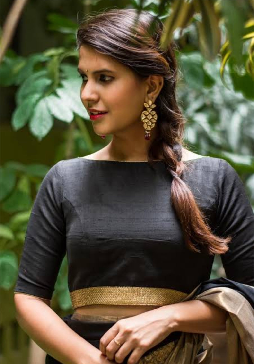 Black raw silk boatneck blouse with gold sequin border - House of Blouse