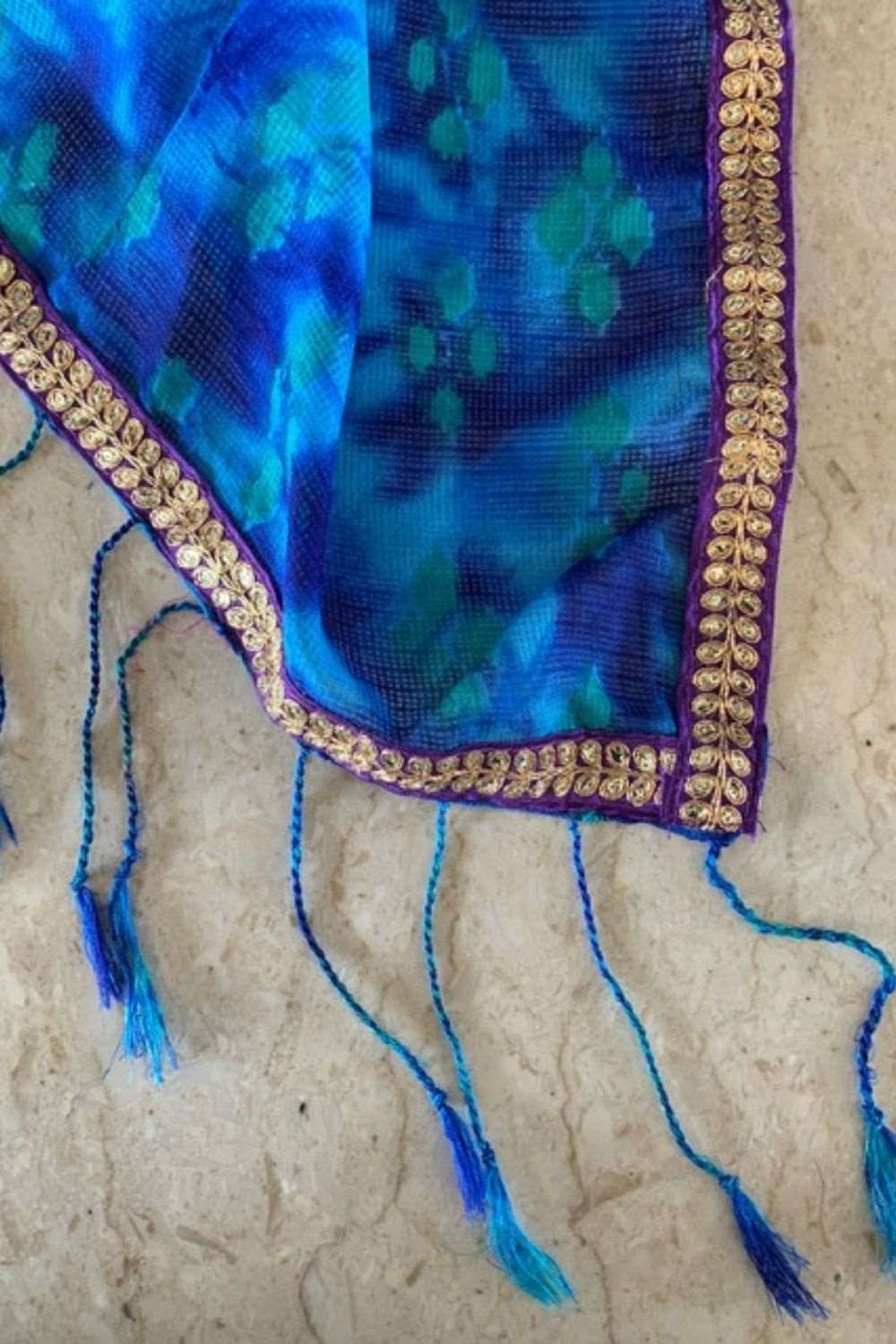 Blue shibori shaded Kota Dupatta with purple and gold sequin border