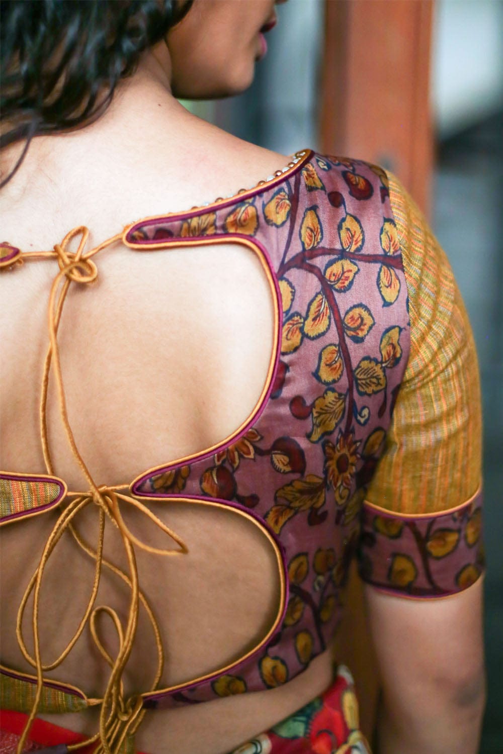 Mustard handloom cotton and light chocolate soft chanderi kalamkari close neck blouse with back detailing