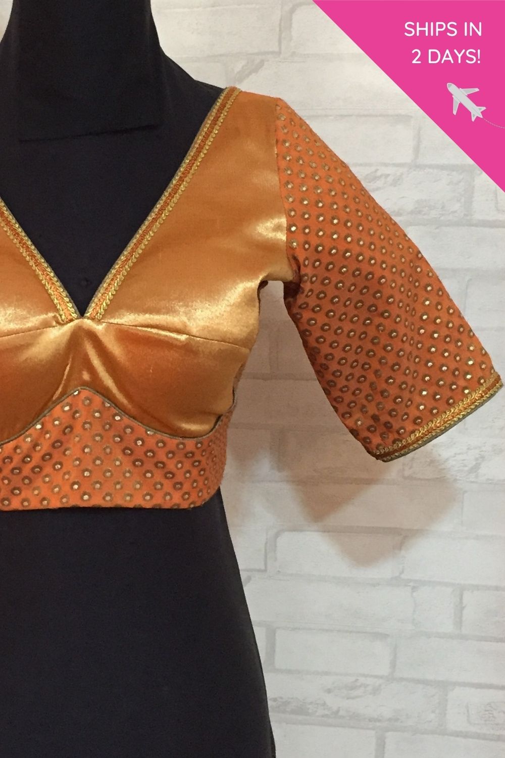 Orange tissue with orange brocade V neck blouse : size - 36