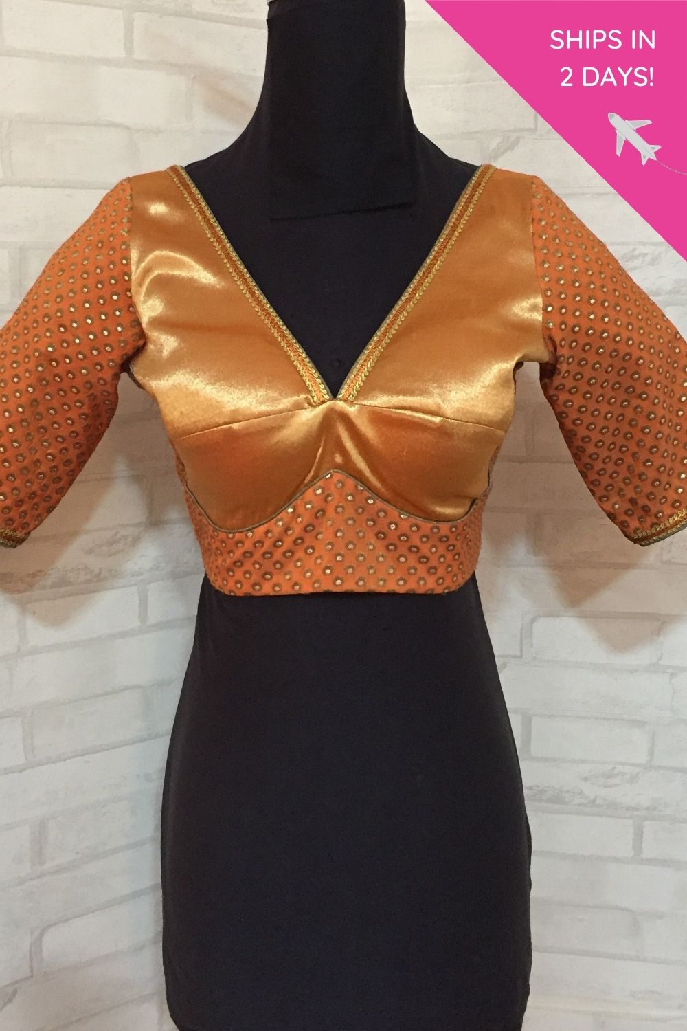 Orange tissue with orange brocade V neck blouse : size - 36