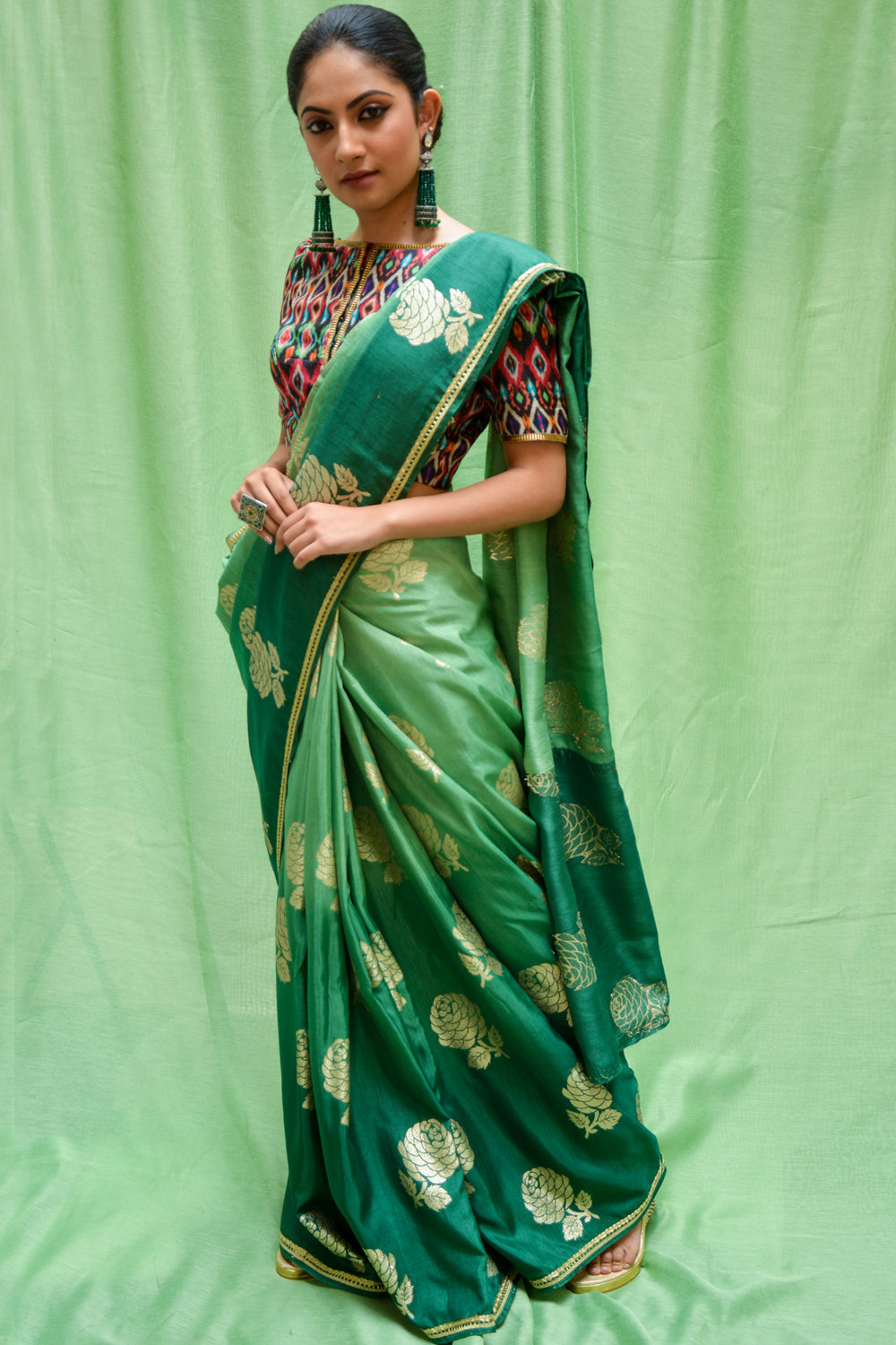 Sea green ombre shaded semi matka silk saree with zari motifs - House of Blouse