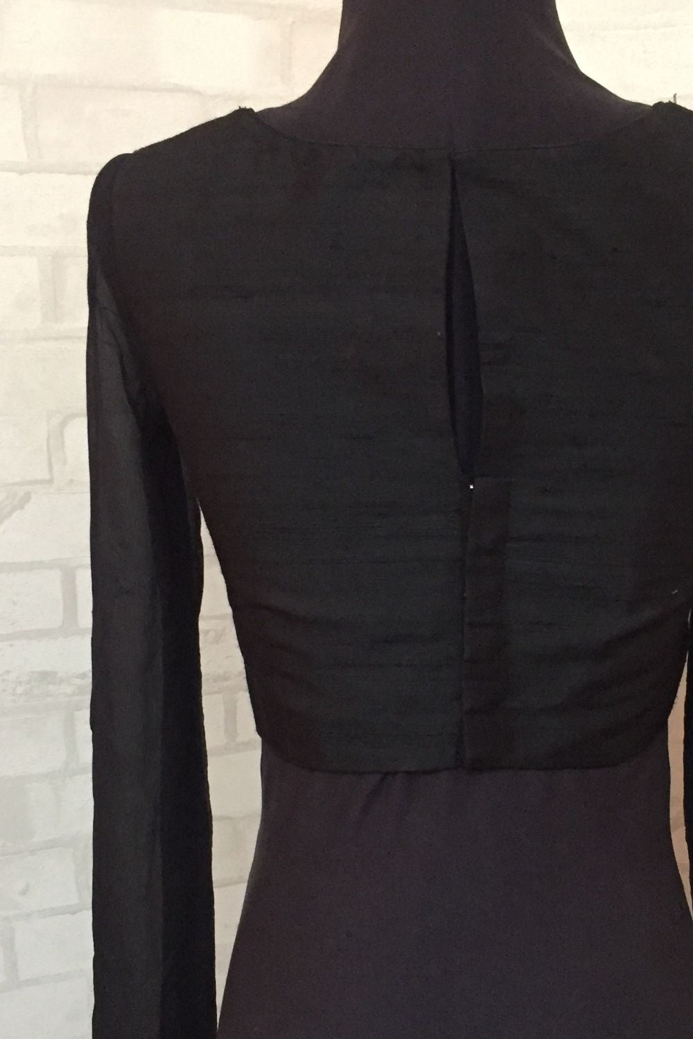 Black Raw silk blouse with embellished yoke and sheer sleeves - House of Blouse
