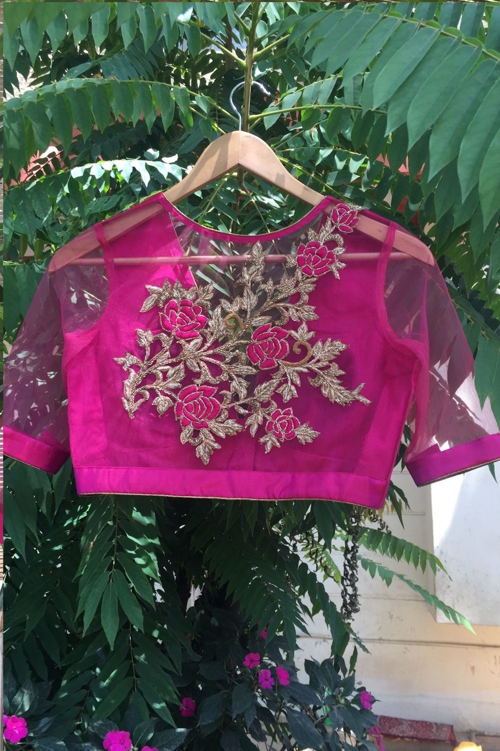 Fuchsia pink silk V neck blouse with applique. - House of Blouse
