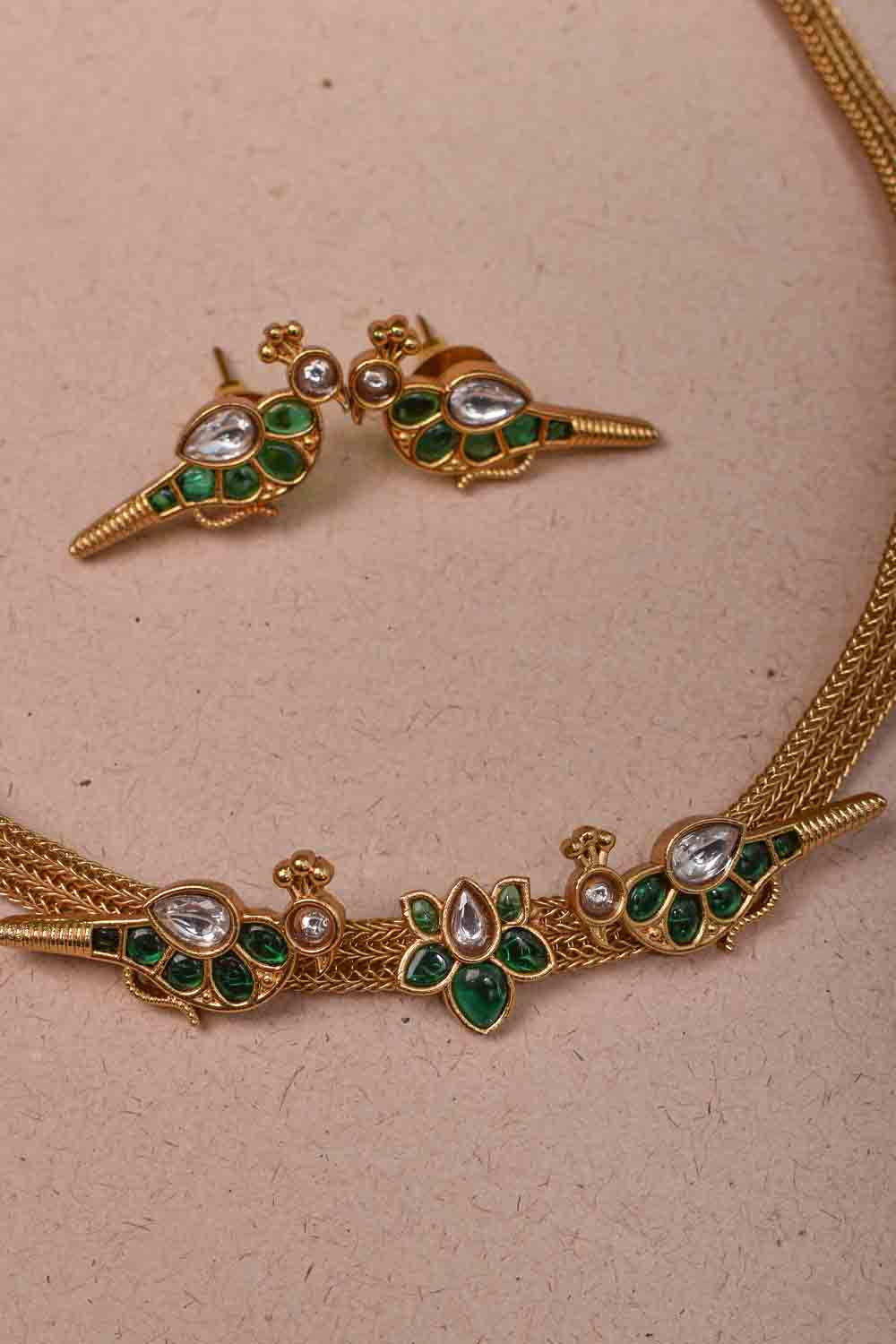 Jadau Peacock and Lotus Minimalistic necklace set