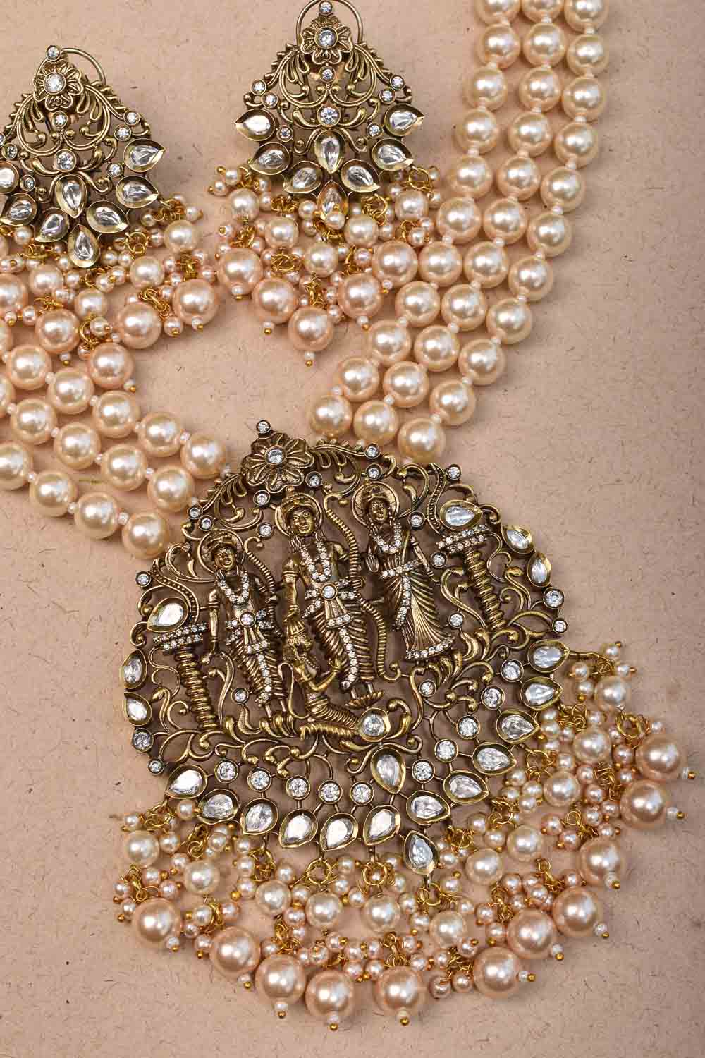 Ram Darbar - 3" Prominent Antique Gold Tone Embellished Pearls Haar and Matching earrings Set