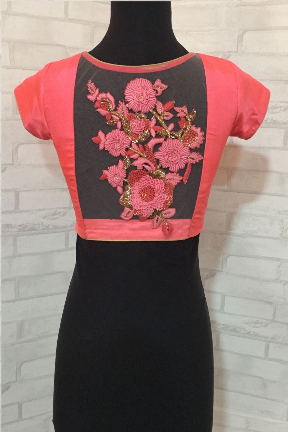 Peach silk V neck blouse with a embroidered sheer back - House of Blouse