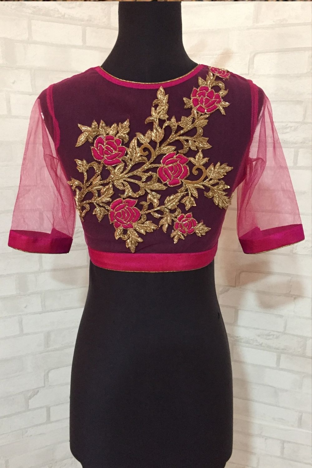 Fuchsia pink silk V neck blouse with applique. - House of Blouse