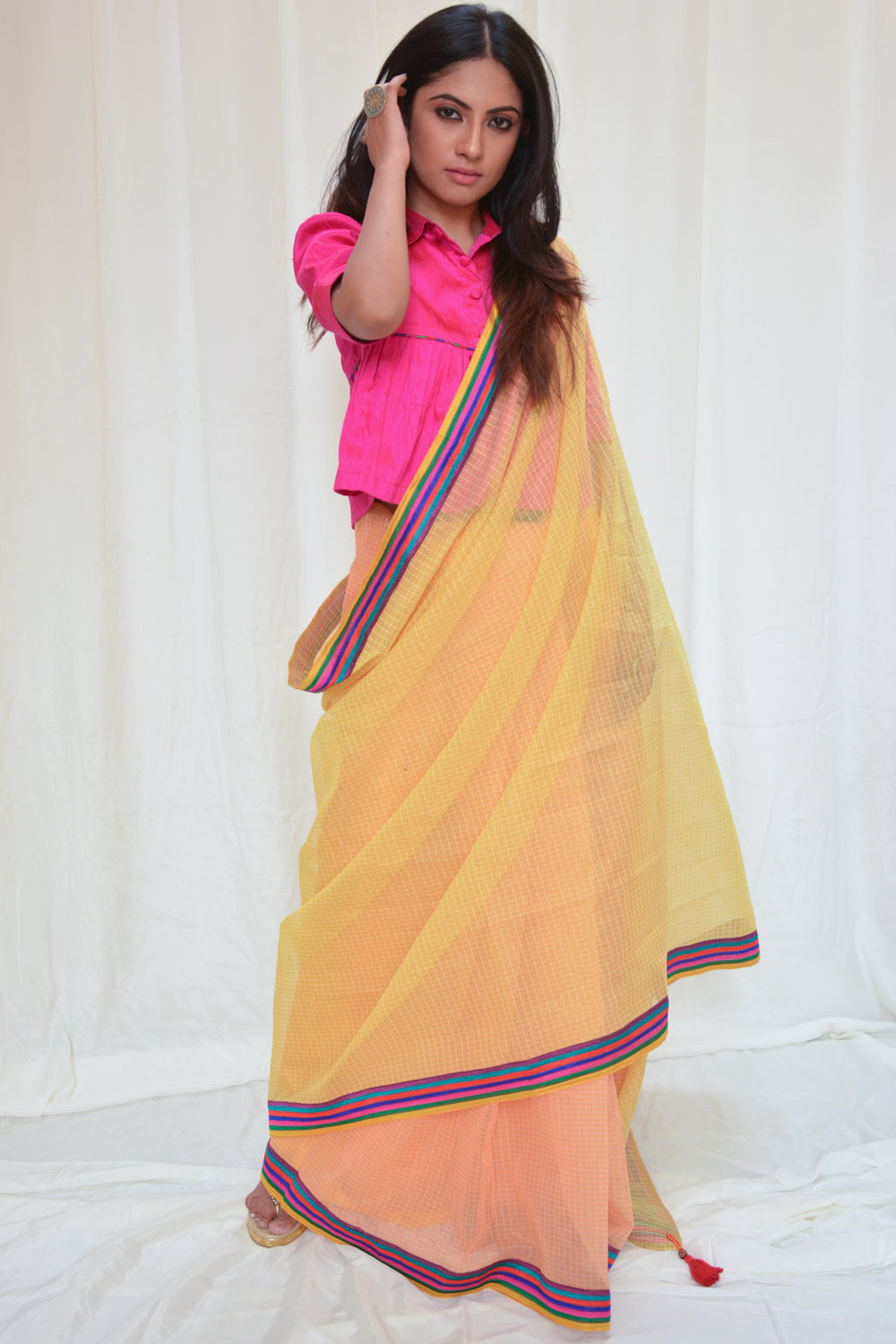 Yellow and orange half and half Kota doria saree with multicolour border - House of Blouse