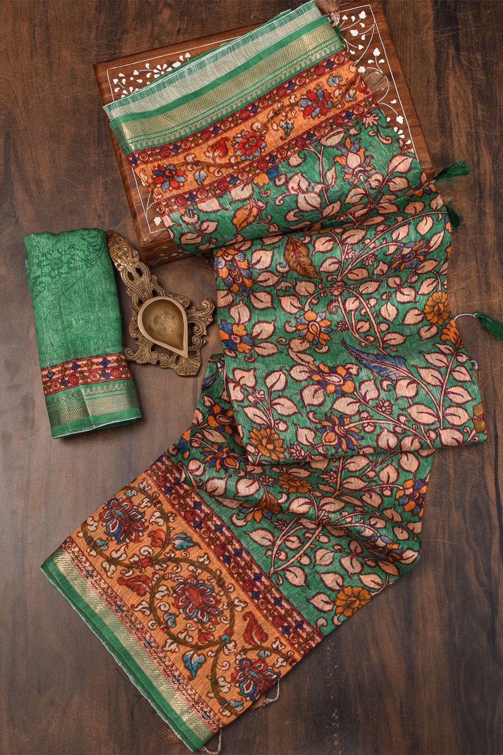 Distressed Kalamkari Digital Print on Silk Linen in Teal